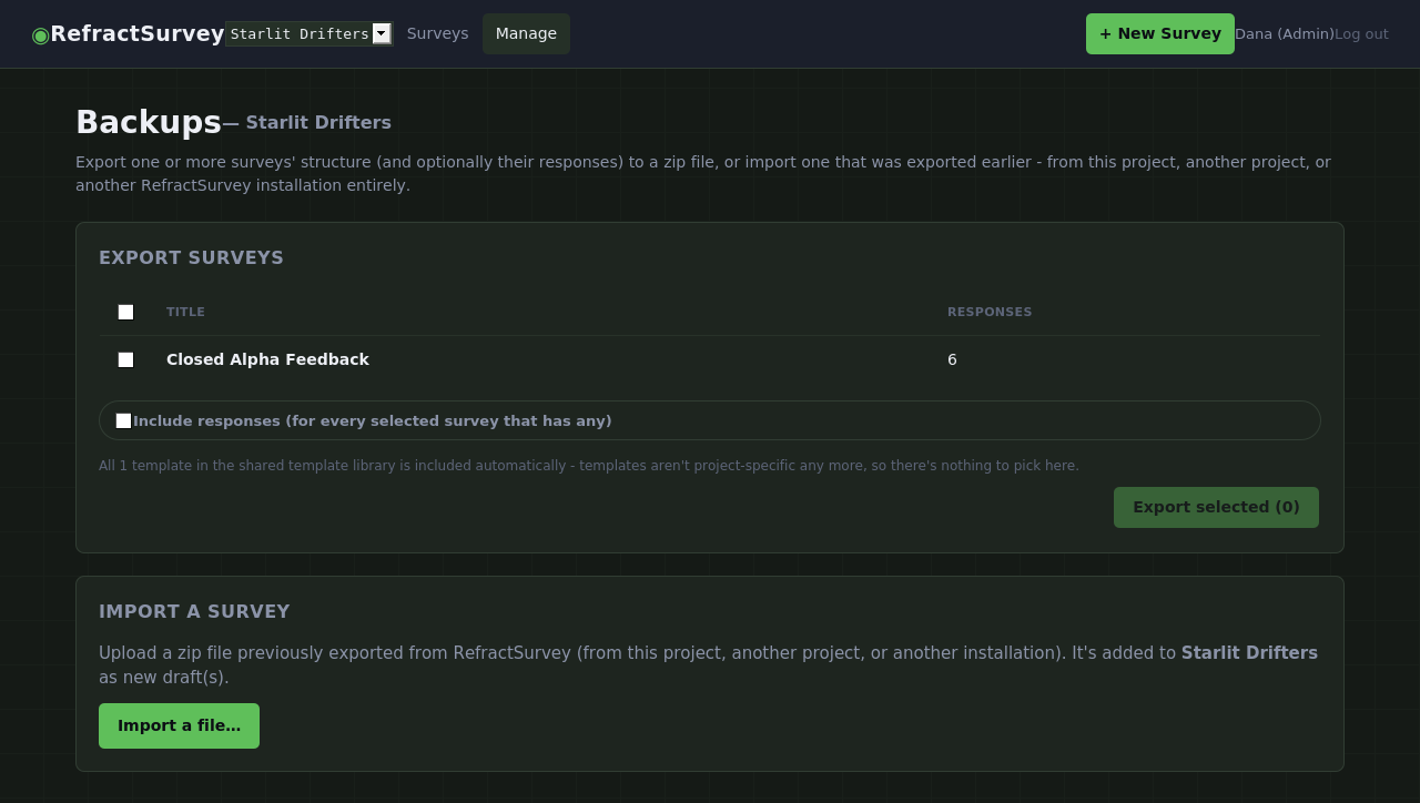 Backups page showing a checkbox selection of surveys to export, an include-responses toggle, and an import-a-file action.