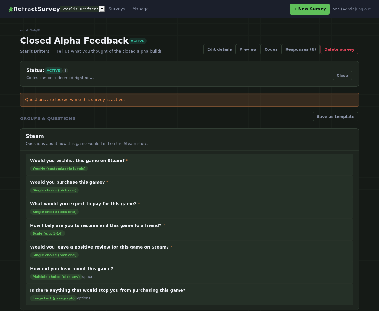 RefractSurvey survey builder showing four question groups — Steam, Playtest, About You, and Marketing & Presentation — each with several questions and their answer-type badges, shown in the Moss color theme.