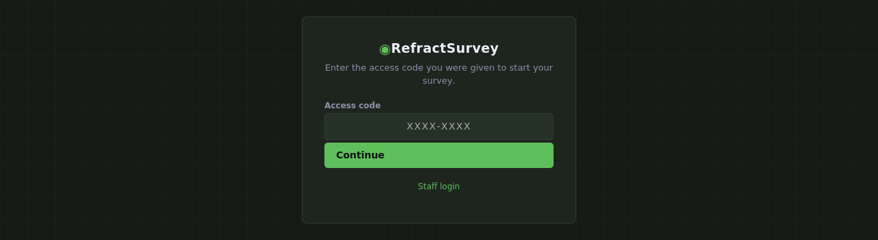 The public access-code entry screen: a centered card asking for a one-time access code, shown in RefractSurvey's Moss color theme.
