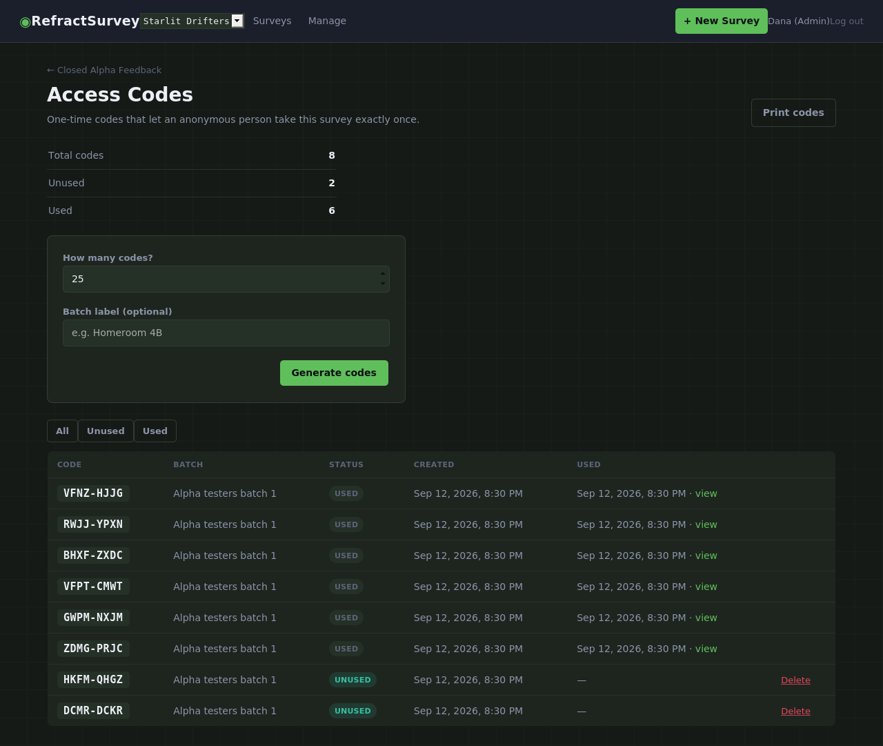 Access codes page for a survey, showing a summary of total, used, and unused codes, a generator form, and a list of individual codes with status and redemption timestamps.
