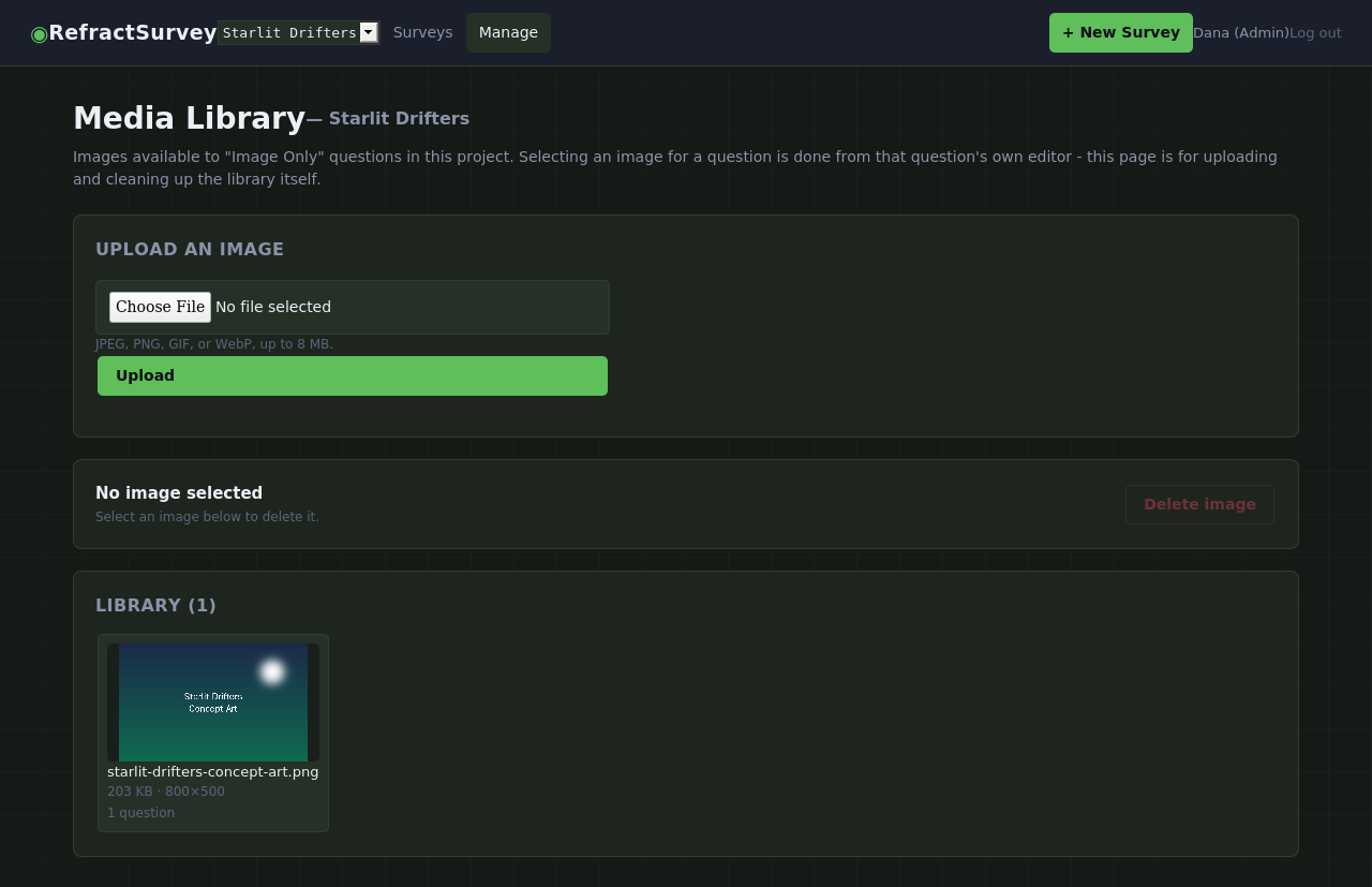 Media Library page for the Starlit Drifters project, showing one uploaded concept-art image with file size, dimensions, and question-usage count.