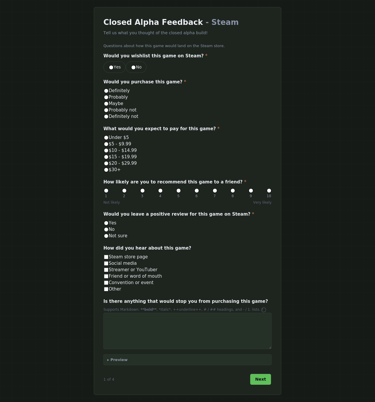 The survey-taking view for the Steam group, showing several form fields and a Next button.