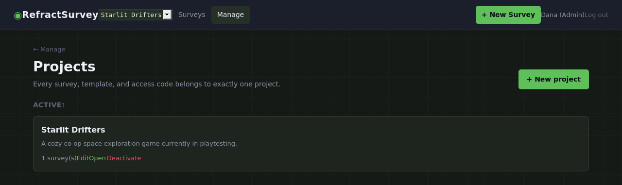 Projects page showing one active project, Starlit Drifters.