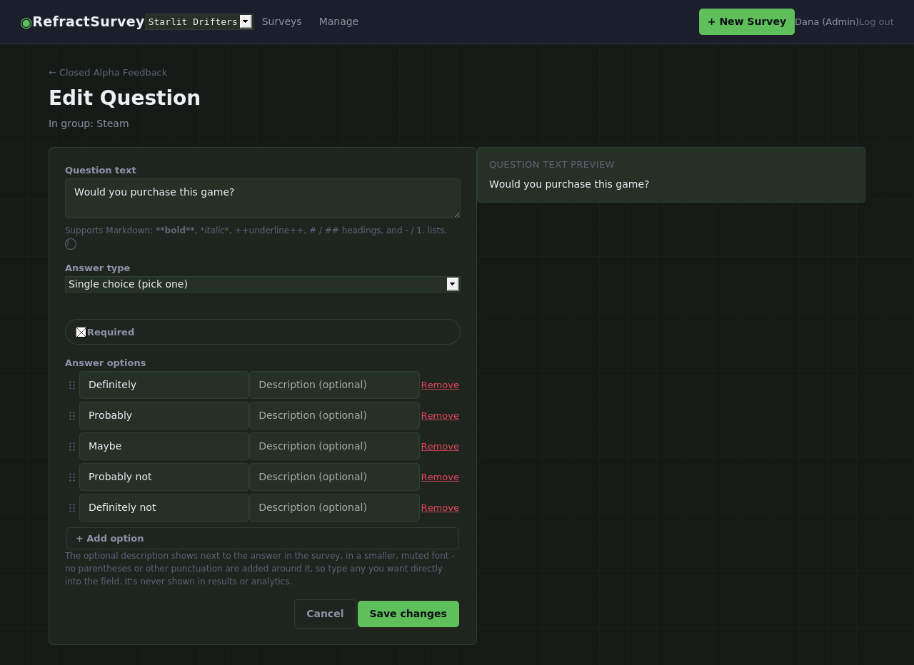 Editing a single-choice question with a live text preview and five reorderable answer options.