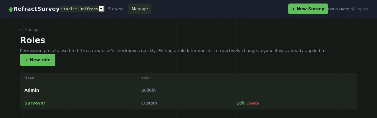 Roles page listing the built-in Admin role plus a custom Surveyor preset.