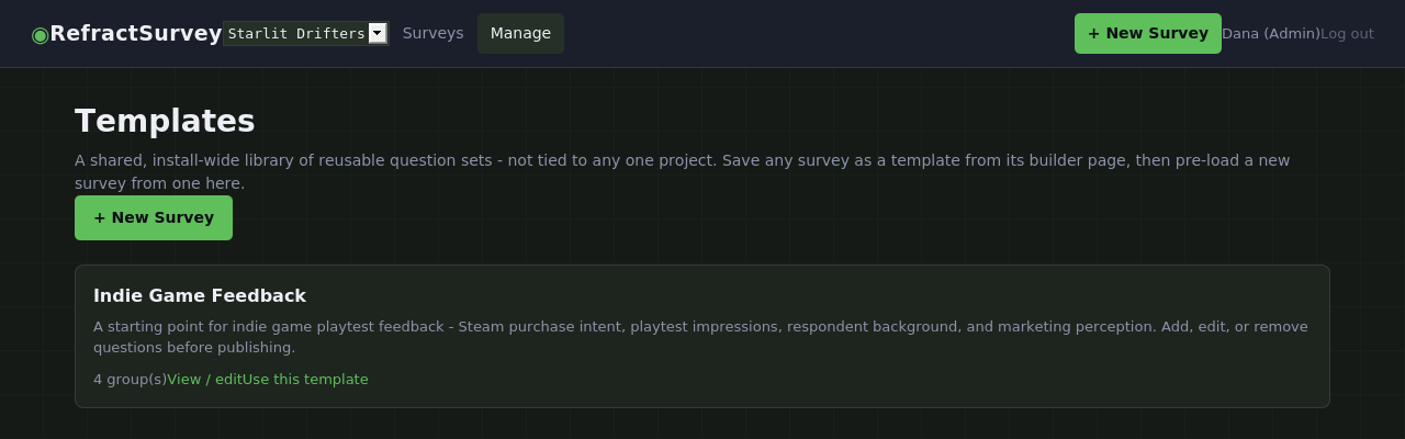 Templates page showing the built-in Indie Game Feedback template with a Use this template action.