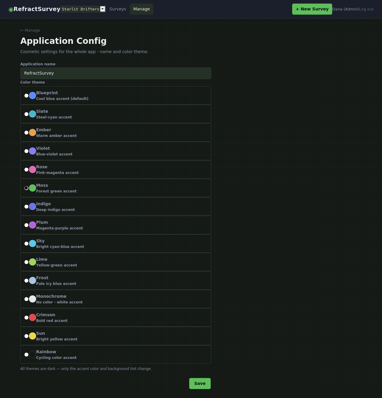 Application Config page showing fifteen selectable color themes in a grid, with Moss currently selected, and an editable application name field.